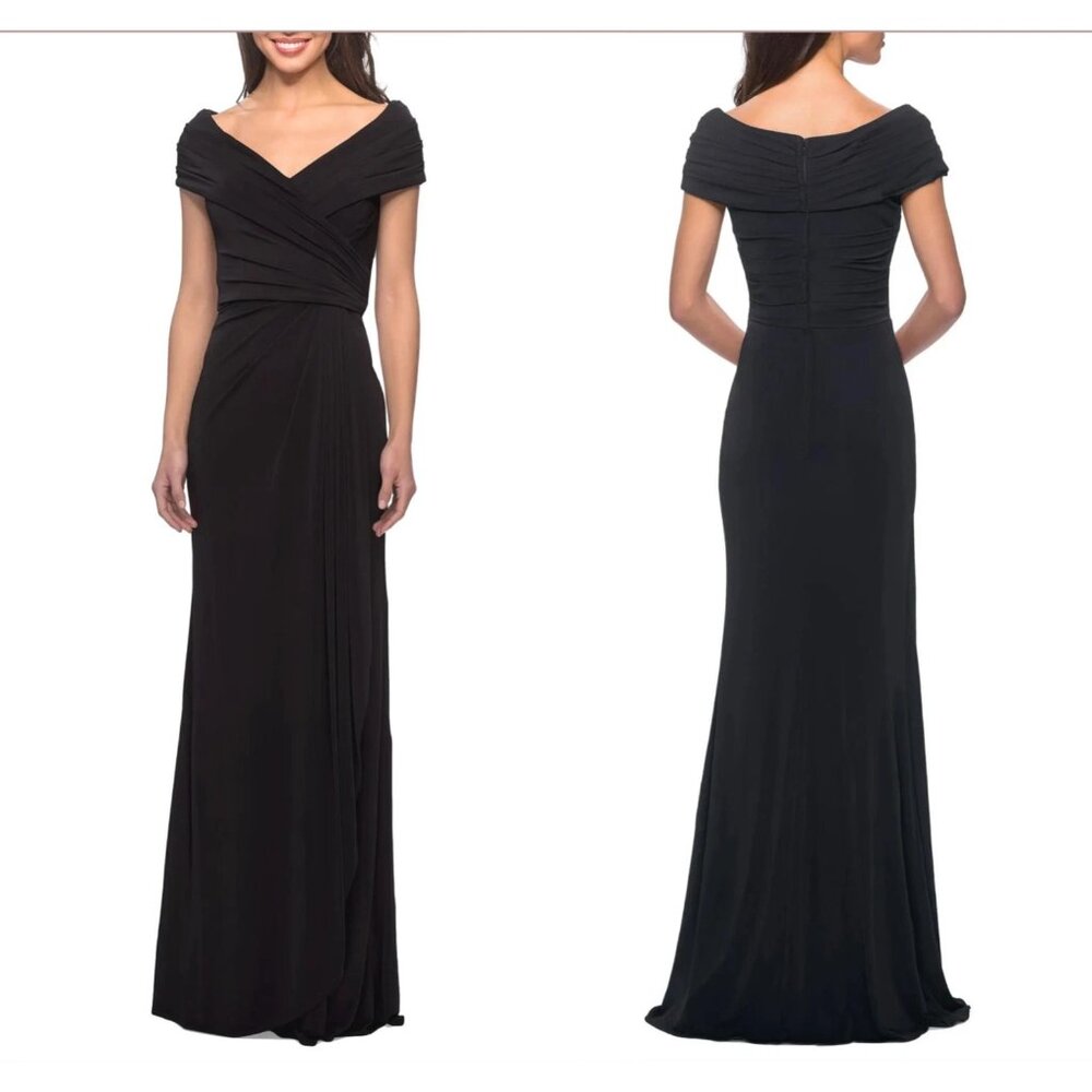 NWT $389 La Femme 14 V Neck Ruched Jersey Column Formal Gown Black 26519 NWT